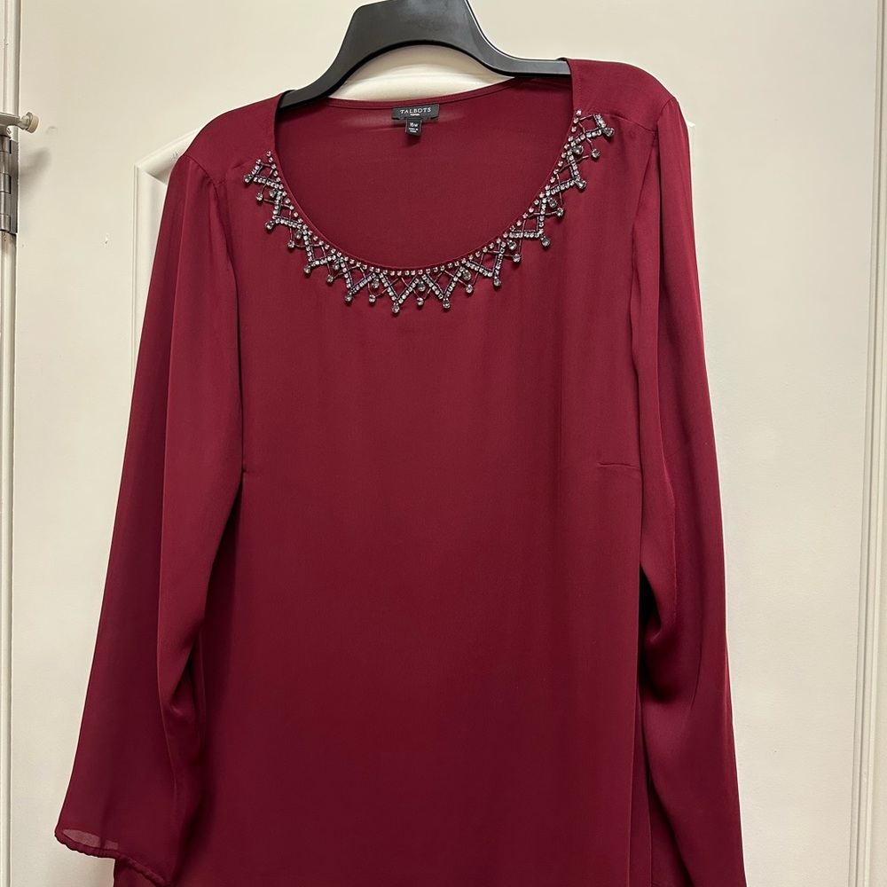 Talbots burgundy jeweled neckline blouse, size 16W